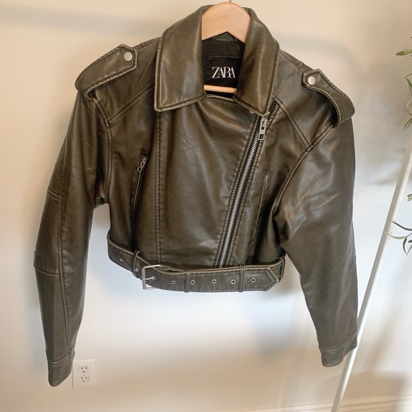 ZARA Cropped PU Leather Biker Jacket Brown Olive | Size S | NWOT - Picture 8 of 11